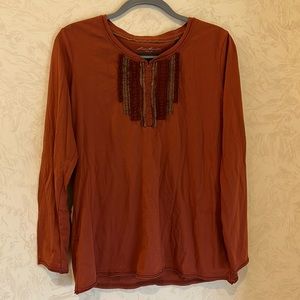Eddie Bauer Burnt Red Orange Cotton Ruffled Neck Pattern Long Sleeve Top Size XL